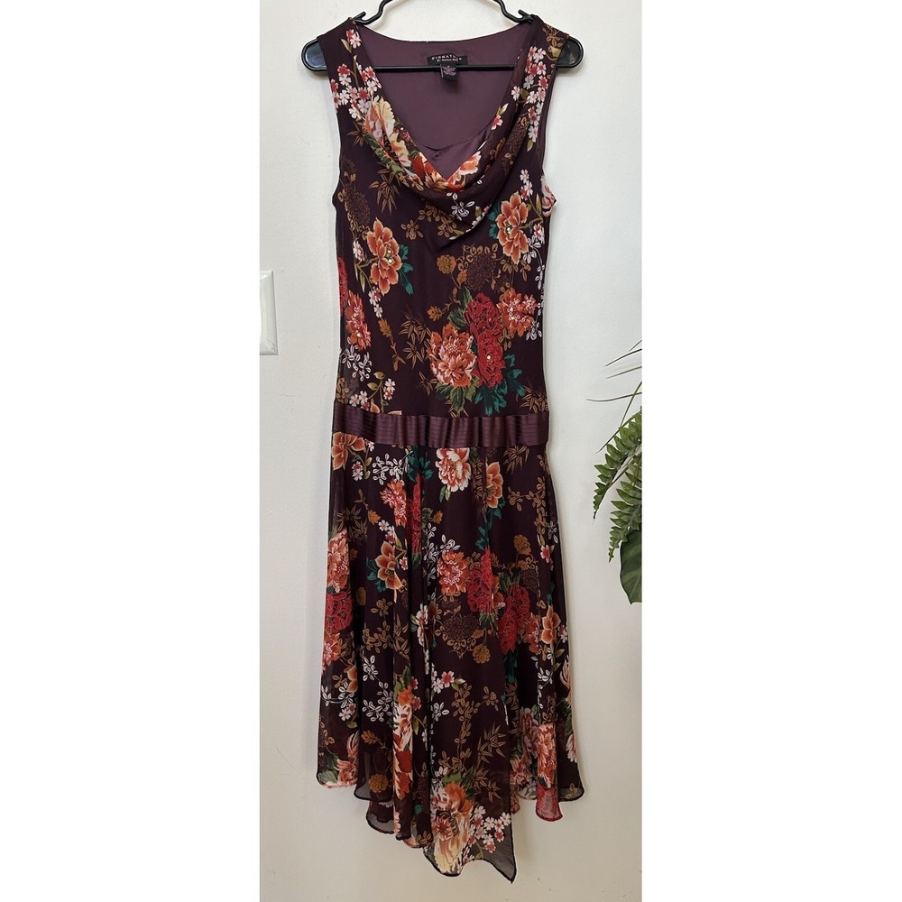 Vtg Robbie Bee Womens Y2K Fairy Cowl Neck Floral Asymmetric Midi‎ Dress Size 12